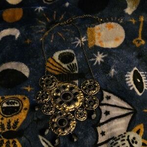 Vintage Florenza Goldtone Statement Necklace Black & Gold Rhinstones Stamped NRT